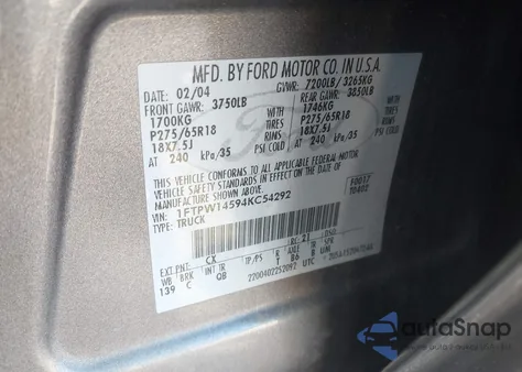 2004 Ford F-150 Fx4/Lariat/Xlt z USA, uszkodzony, nr VIN 1FTPW14594KC54292